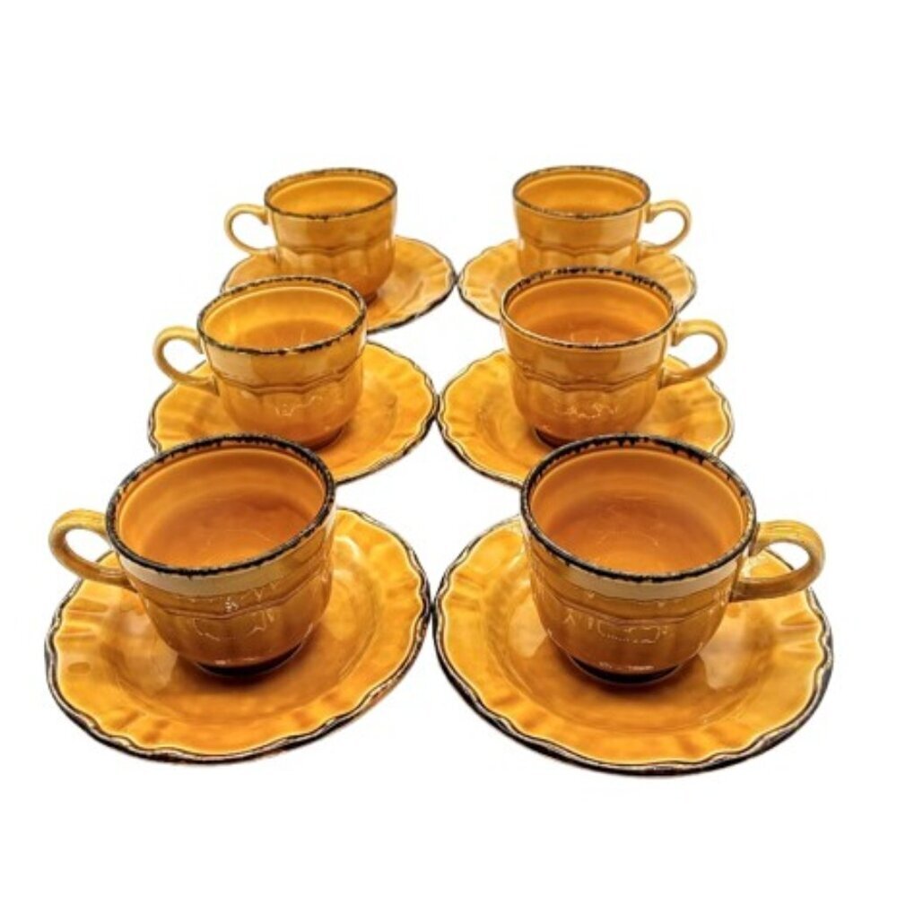Set of 6 Pagnossin Treviso Italy Amber Earthenware Cups & Saucers